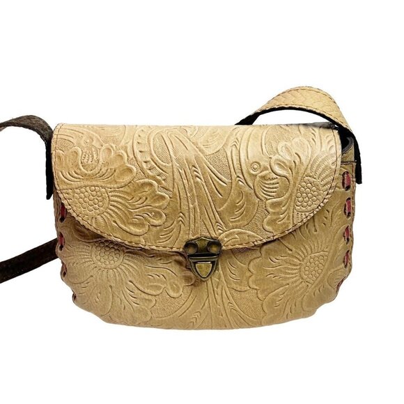 Genuine Leather Embossed Floral Tooled Saddle Bag Cream Purse Crossbody Bohemian - Picture 1 of 7